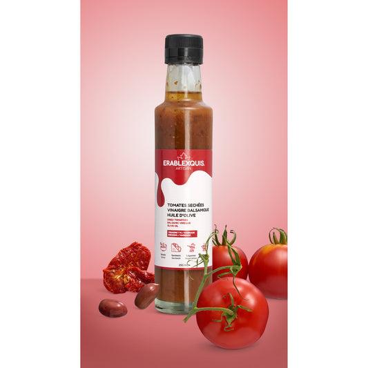 Vinaigrette / marinade québécoise Érablexquis Tomates sechées Vinaigre Balsamique Huile d'olive. Produit naturel, local, fait de sirop d’érable pur, gastronomique, sans gluten et végétarien. Savoureux en salade, sandwich, légumes, grillade, pour des recettes rehaussées.